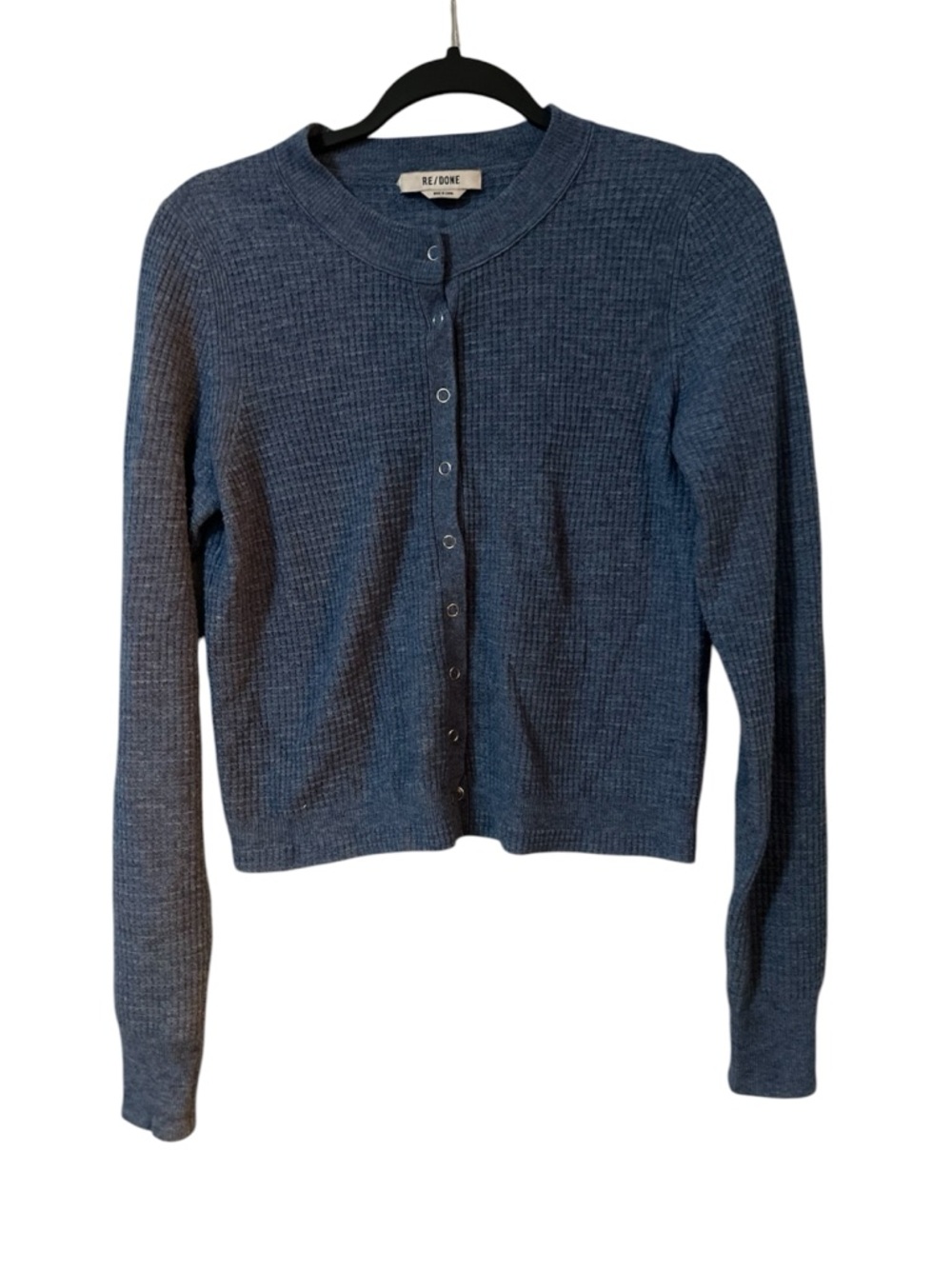 Re/Done Women's wool Blue Button-Front Cropped Cardigan Sweater size small.